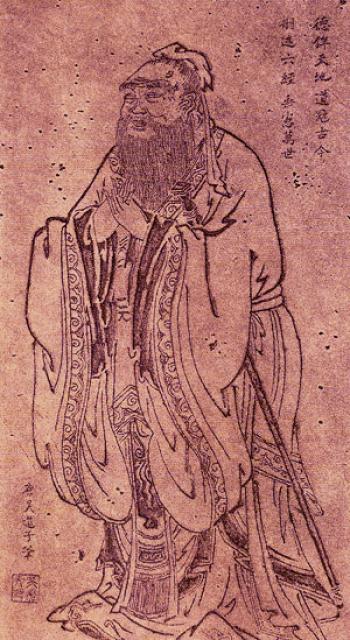 Portrait of Confucius standing with hands folded, painted in the Tang dynasty style of Wu Daozi