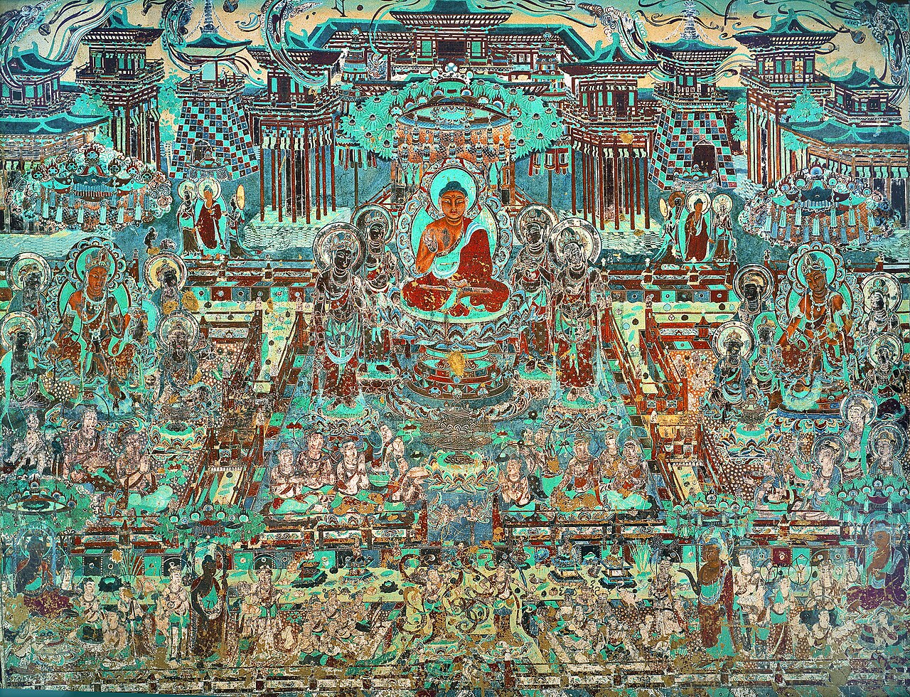Tang dynasty mural from Mogao Cave 217 at Dunhuang depicting the jewelled pavilions of a Buddhist pure land