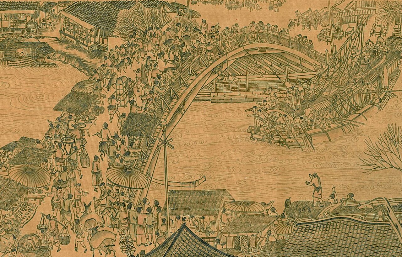 Detail of the Song scroll Along the River During the Qingming Festival showing crowds on the Rainbow Bridge at Kaifeng