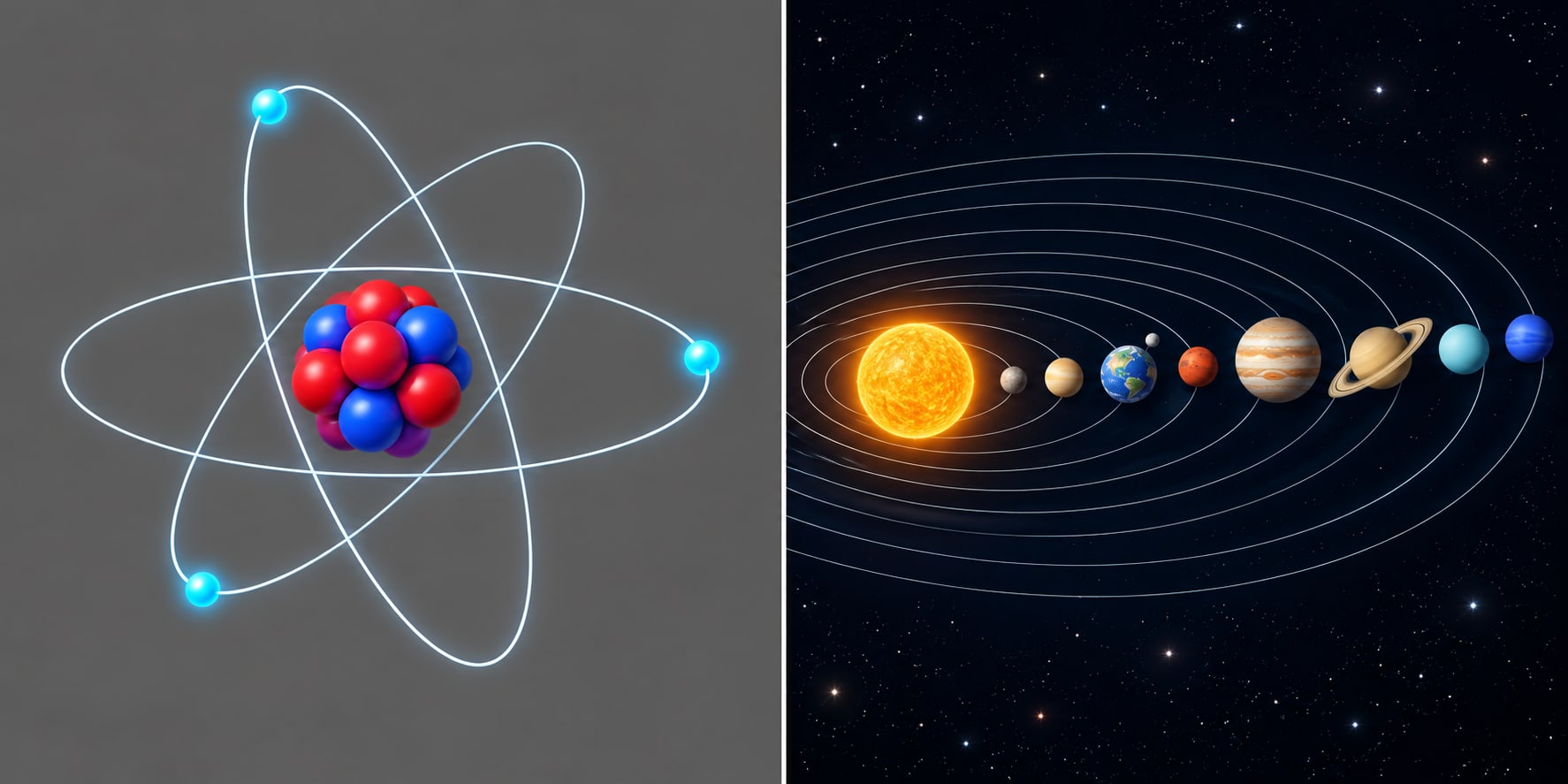 A schoolbook atom with electrons orbiting a nucleus next to the solar system with planets orbiting the Sun