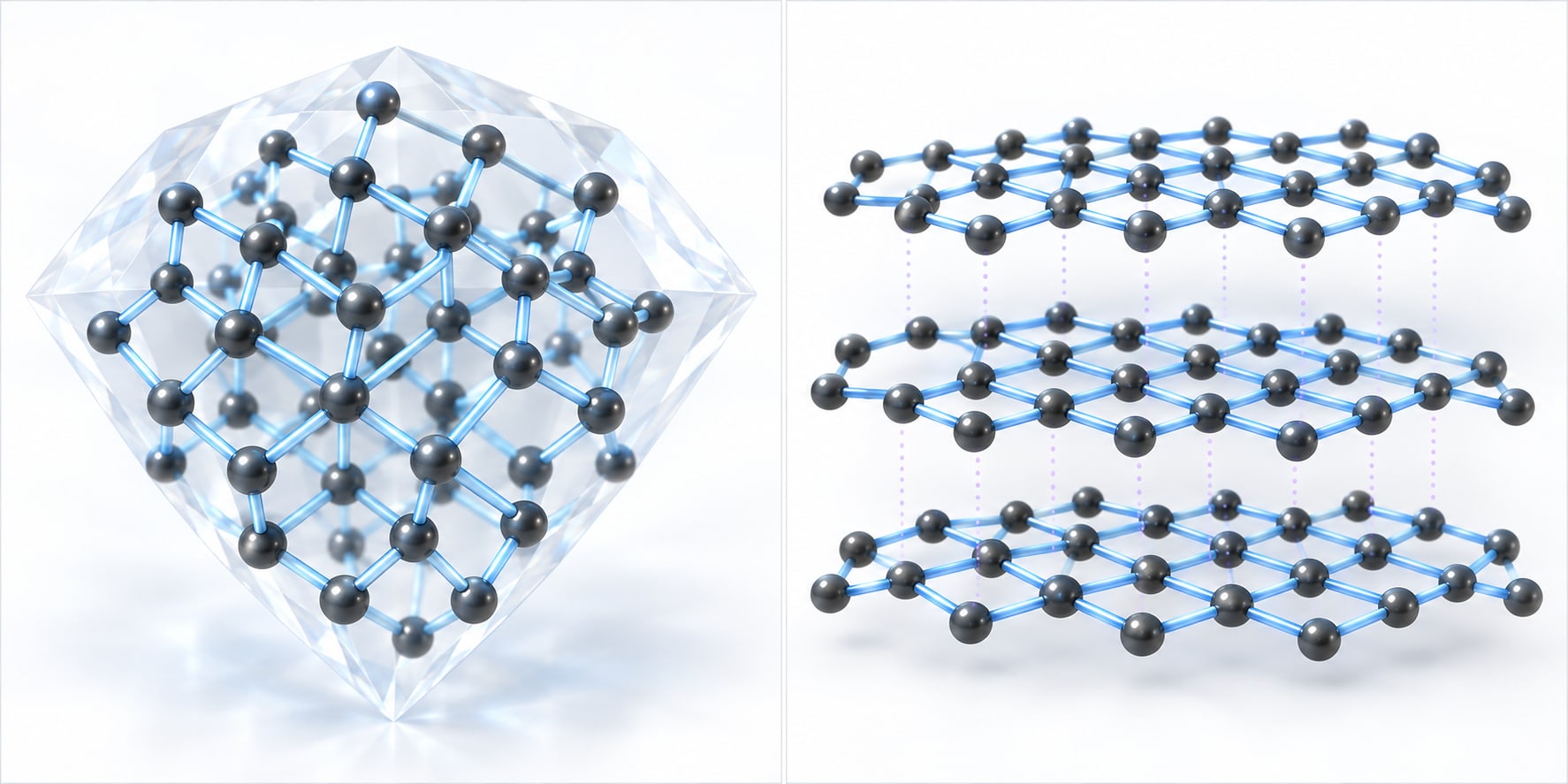 A diamond's carbon lattice locked in every direction beside graphite's flat carbon sheets