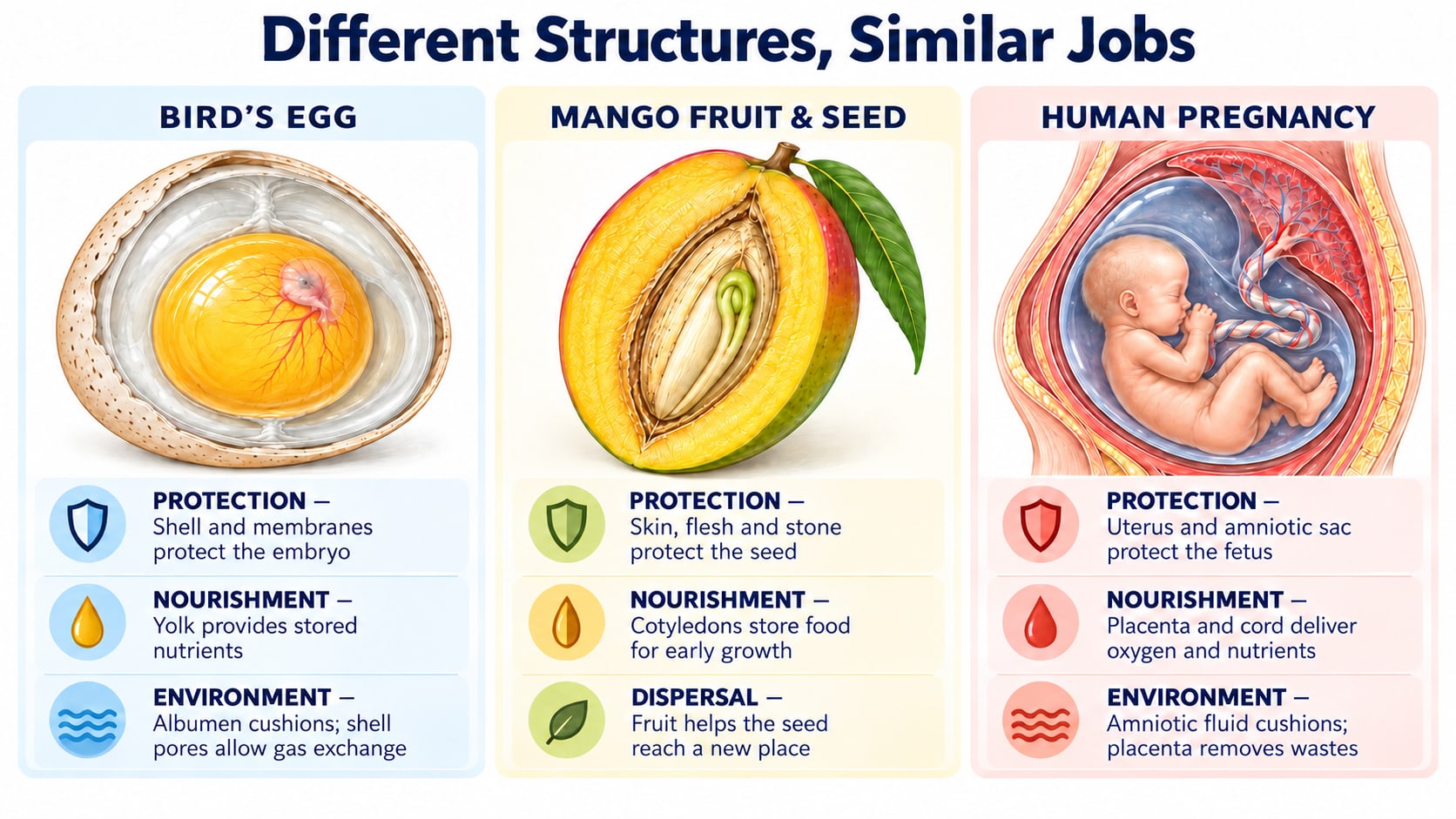 Infographic comparing a bird's egg, a mango and a human pregnancy on protection, nourishment and environment