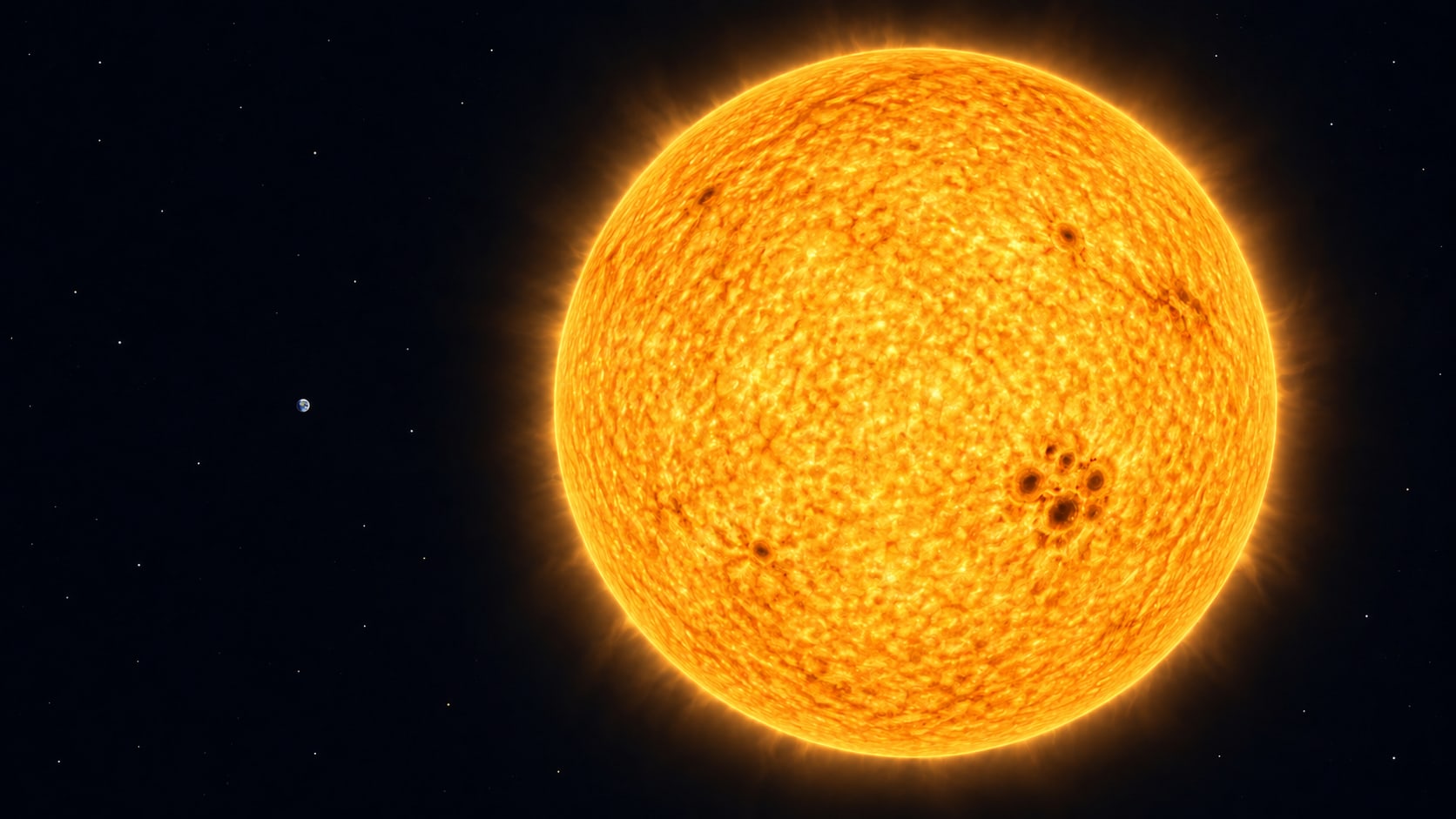 The Sun filling the frame with the Earth as a tiny speck beside it
