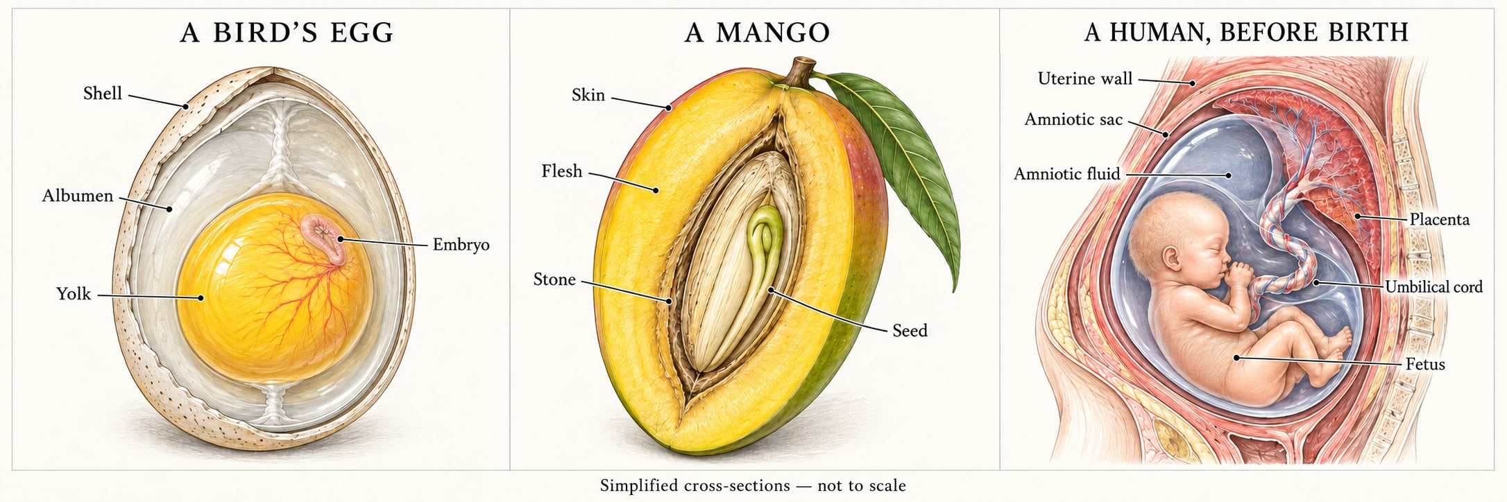 Labelled cross-sections of a bird's egg, a mango with its seed, and a human baby in the womb
