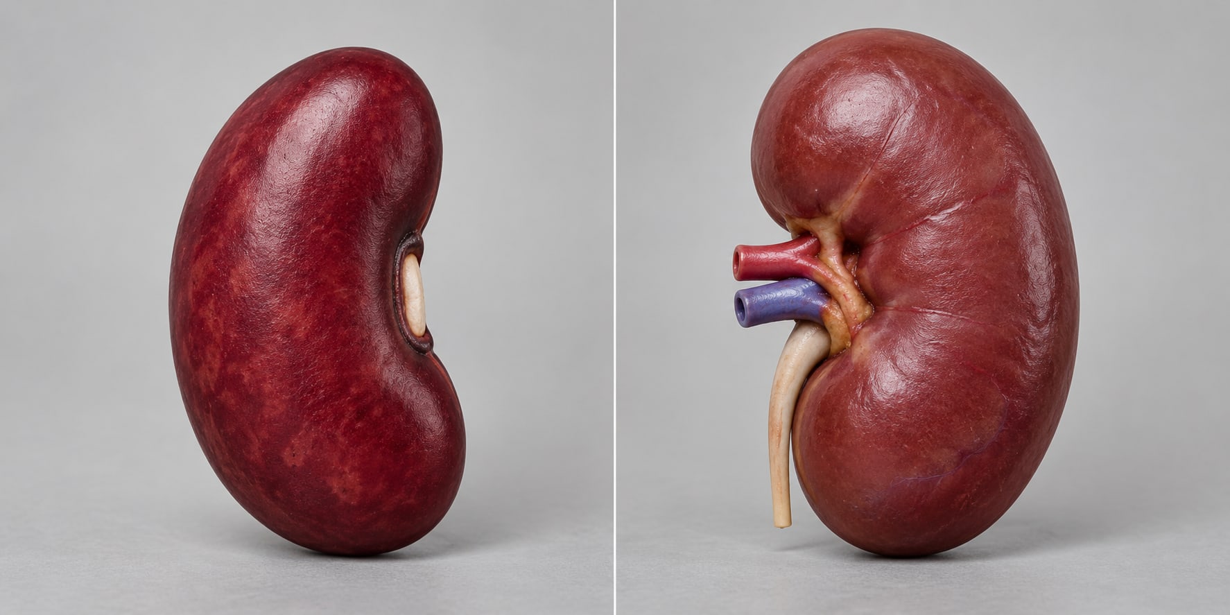 A kidney bean beside a human kidney, showing the same curve and the same notch on the inside edge