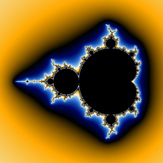 The full Mandelbrot set: a black heart-shaped body with a circle on its left and a thin antenna, ringed by glowing blue and gold