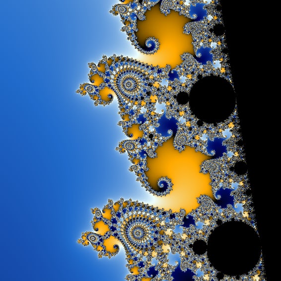 A deep zoom into the Mandelbrot set showing seahorse-tail spirals and threads in blue and gold