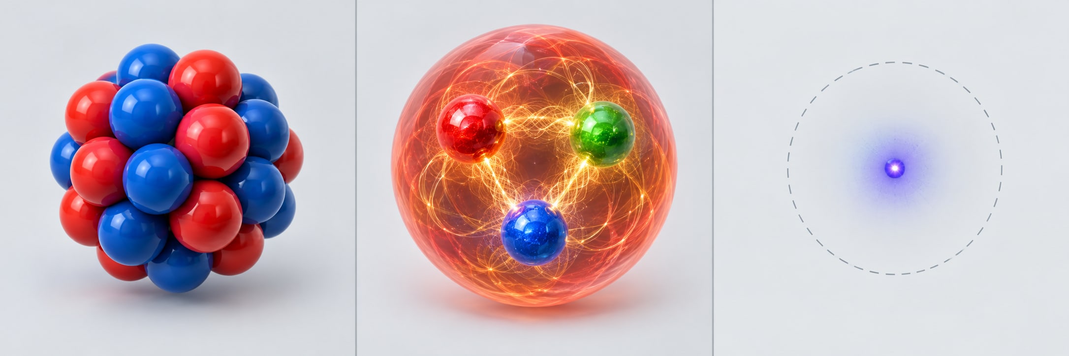 Three frames going smaller: a nucleus of packed protons and neutrons, one proton holding three quarks, and a single point-like quark