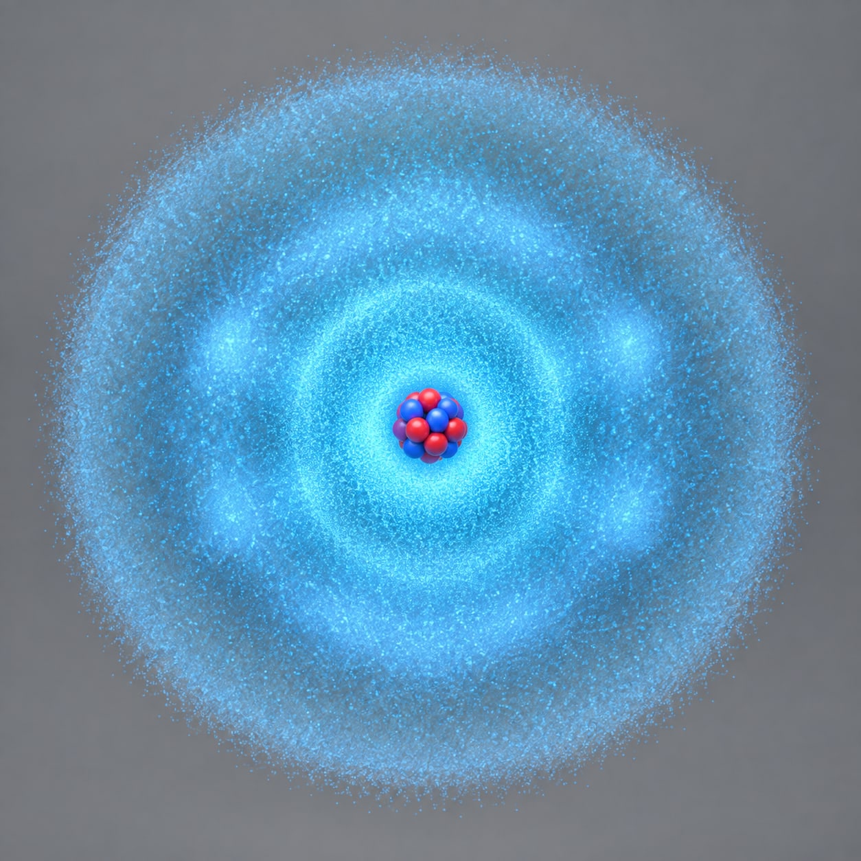 An atom drawn as quantum mechanics describes it: a tiny nucleus inside a blue electron probability cloud