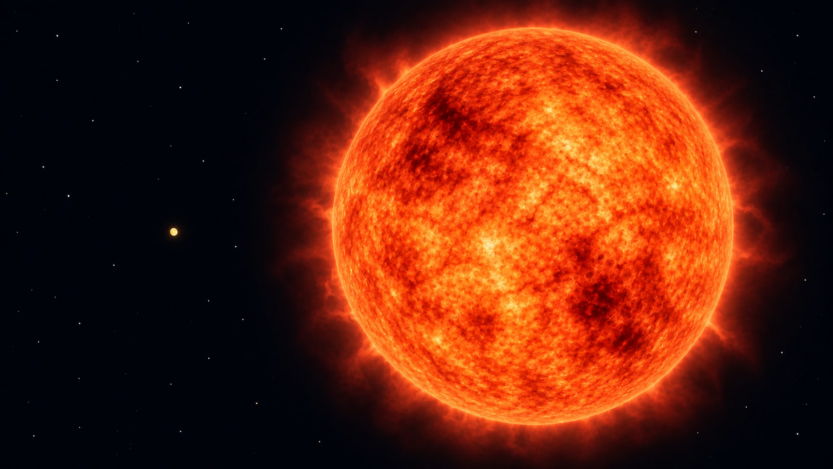 The red supergiant Betelgeuse filling the frame with the Sun as a small dot beside it