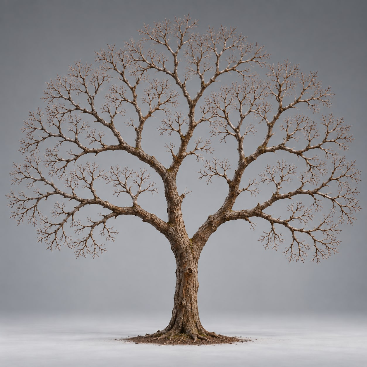 A bare tree in winter whose trunk splits into branches and twigs in the same repeating pattern