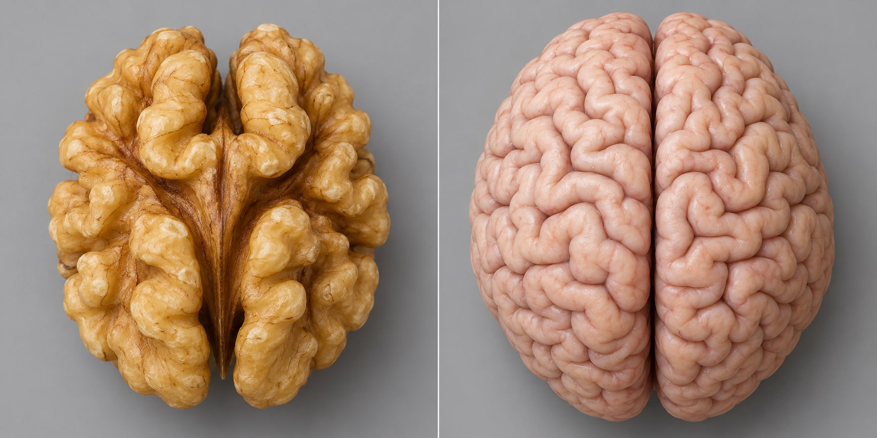 A shelled walnut beside a human brain seen from above, both showing two folded halves with a wall between them