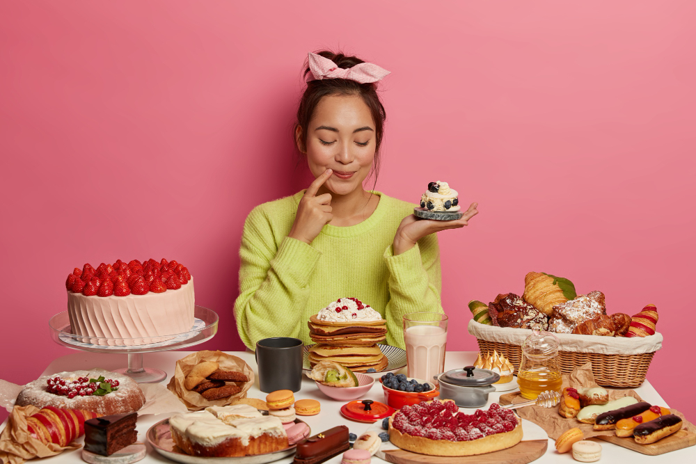 Girl eating food items carrying too much sugar 