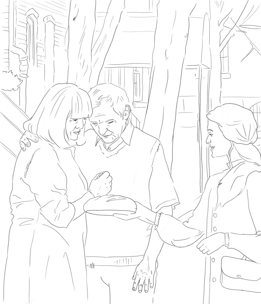 Outline for kids coloring - Elisabeth giving some food to old couple