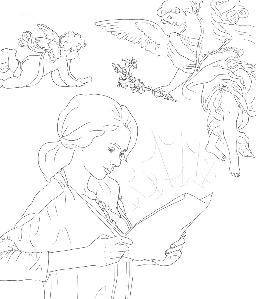 Outline for coloring - Angels looking at Elisabeth while she was reading the letter