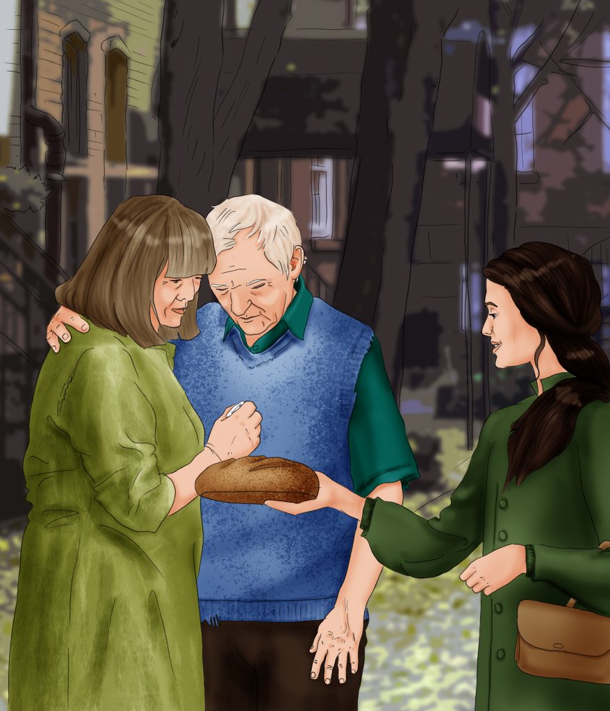 Elisabeth giving food to old couple