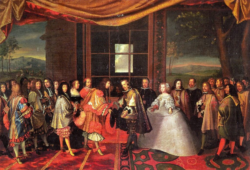 Louis XIV of France and Philip IV of Spain meeting at the Isle of Pheasants for the signing of the Treaty of the Pyrenees, which, in part, arranged the marriage of Louis with Philip's daughter Maria Theresa.